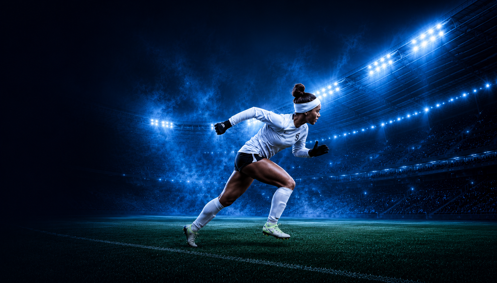 A soccer athlete sprinting through a floodlit stadium